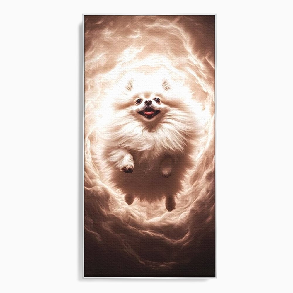 Tablou canvas cu tablou canvas cu caine pomeranian pufos, in rama de aluminiu argintiu